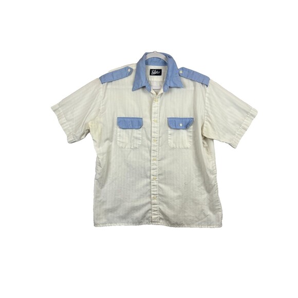 Blair Other - Vintage Blair Shirt Mens Button Up SS Shoulder Tabs White Blue Pockets (Stained)